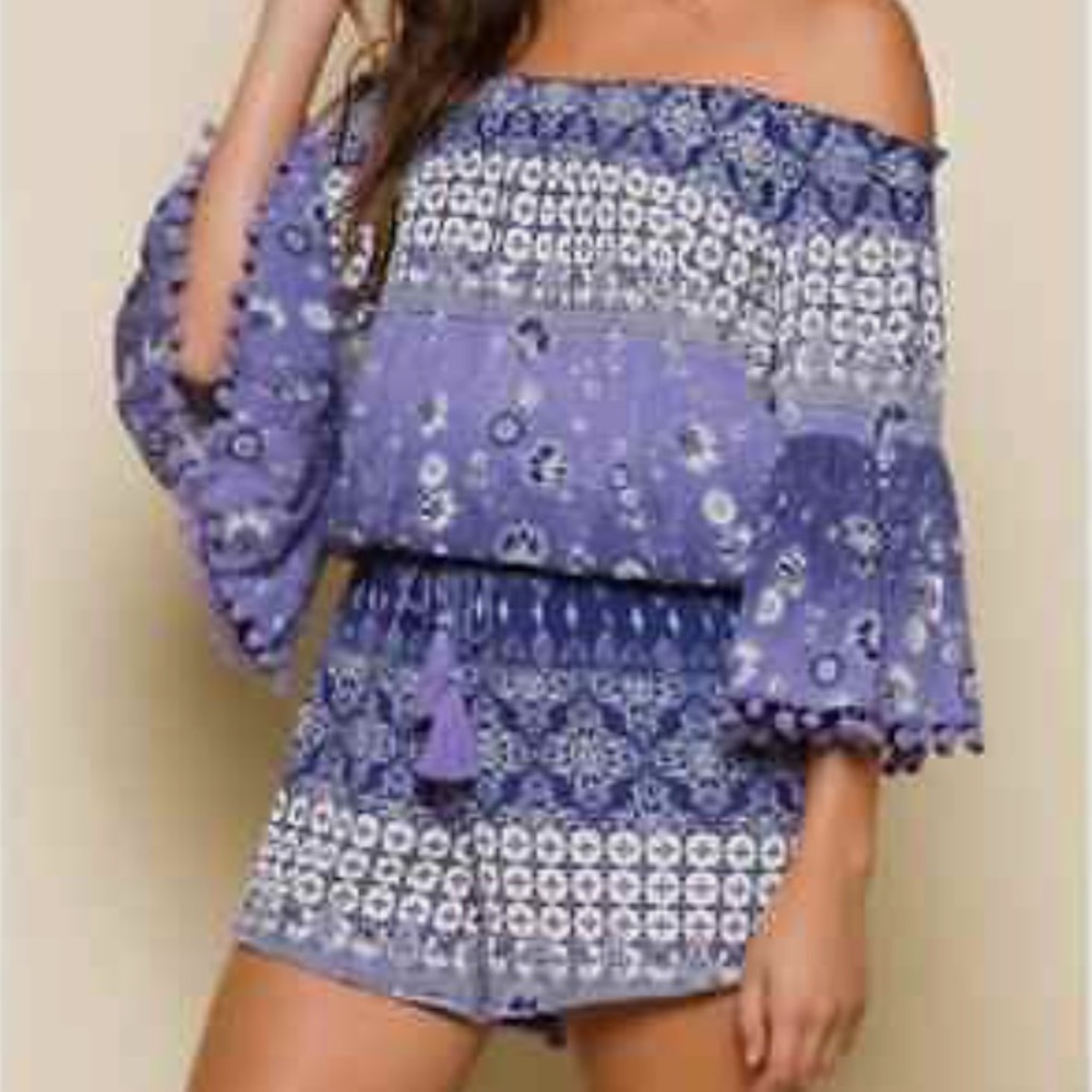 Anthropologie Blue Raga Off the Shoulder Romper